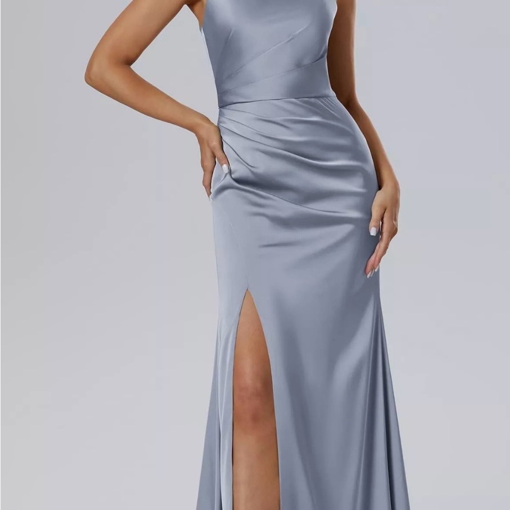 Satin Light Gray Evening Gown with High Thigh Slit
